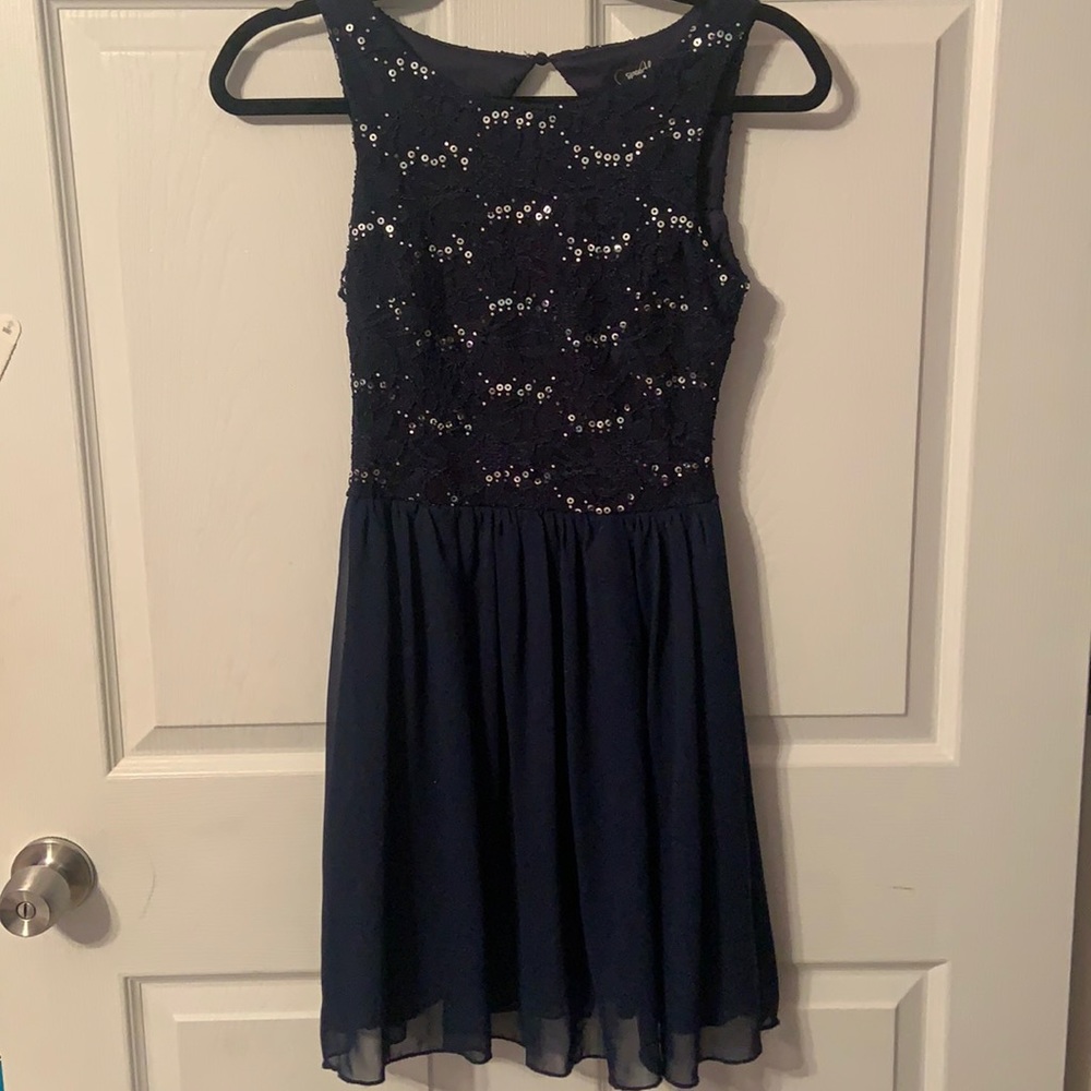 Juniors navy lace dress with silver sequins